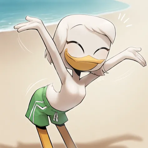 (masterpiece, best quality, very aesthetic, absurdres, artist:sakura, beach, shaded, motion lines, action lines,) 1girl, female, solo, Bailey duck, beak, eyes closed, on model, white hair, neon-green swimming trunks, (happy, smile:1.2) perfect white bare s...