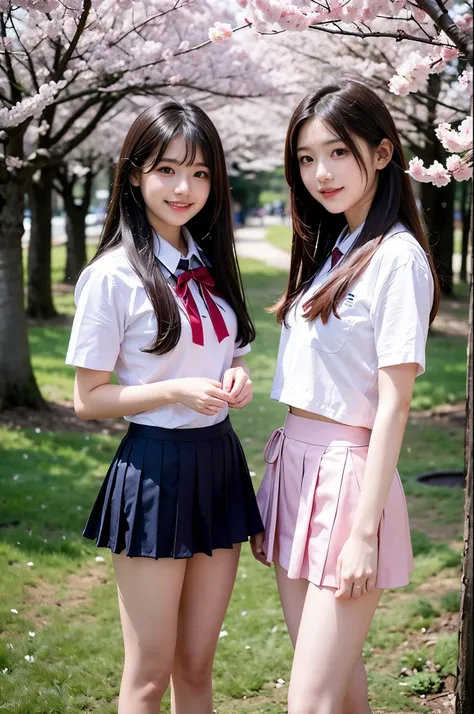 Two girls (18 years old, Japanese pretty face) are wearing high school uniform with mini skirt near cherry blossoms.