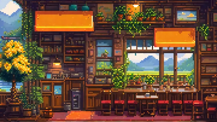 "2D pixel art in retro video game style, 24 bit, A cozy place,The atmosphere is calm, nostalgic, and relaxing, with small cozy details like