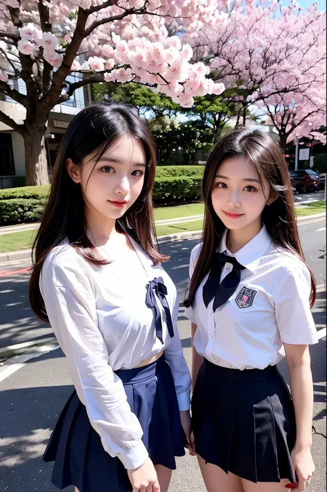 Two girls (18 years old, Japanese pretty face) are wearing high school uniform with mini skirt near cherry blossoms.