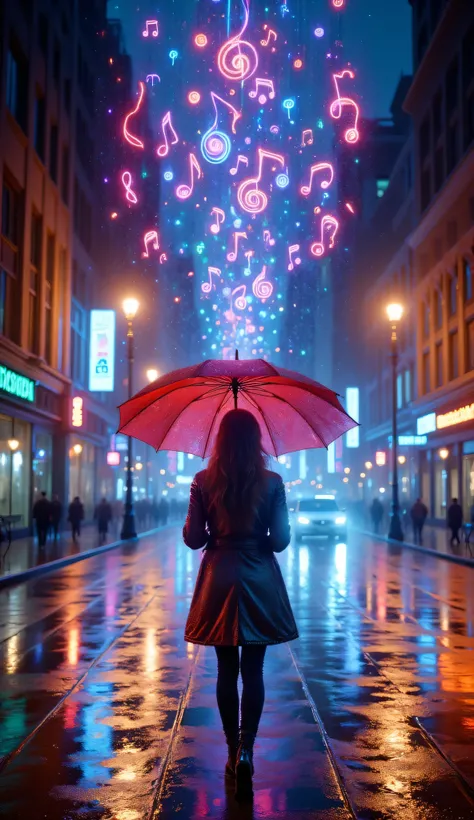 HD,4K, 8k, 16k,HD Images、a scene like a musical movie、Vivid neon colors々A lot of musical notes fall from the sky like heavy rain on the streets of New York where no one is there,Back view of a beautiful woman wearing a raincoat and holding a red umbrella d...