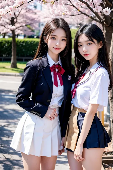 Two girls (18 years old, Japanese pretty face) are wearing high school uniform with mini skirt near cherry blossoms.