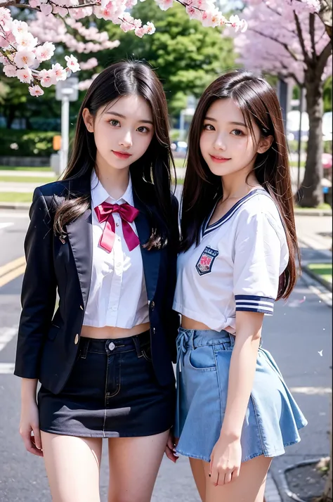 Two girls (18 years old, Japanese pretty face) are wearing high school uniform with mini skirt near cherry blossoms.
