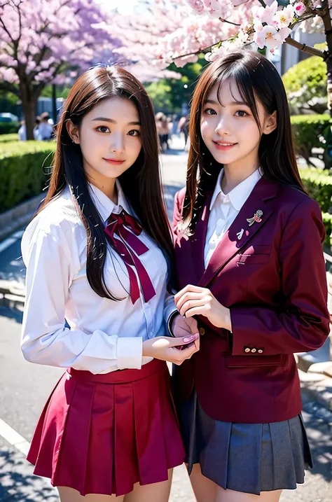 Two girls (18 years old, Japanese pretty face) are wearing high school uniform with mini skirt near cherry blossoms.