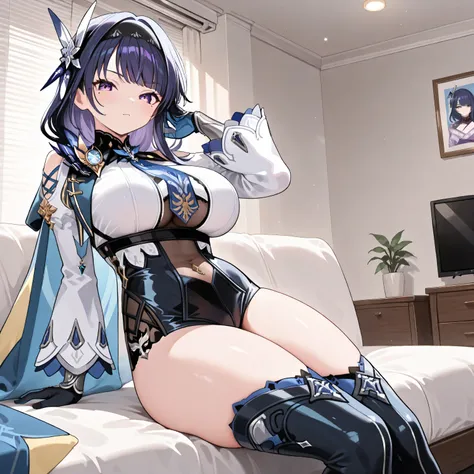 masterpiece, high quality, top quality, very aesthetic, absurd, raiden shogun, wearing eula costume, braid, braided ponytail, long hair, one mole, one mole under eye, purple eyes, purple hair, wears a black headband over her bangs with a four-pointed silv...