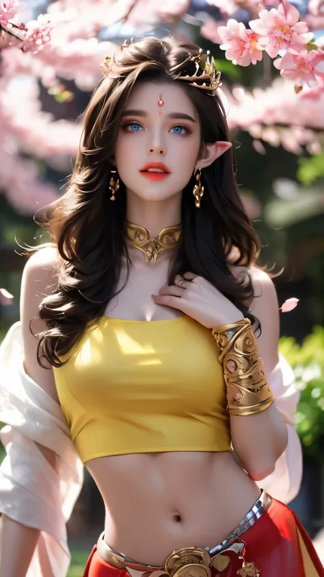 One 20 year old girl, (breast :1.1), navel,upper body,bare shoulders,wears red tube top,red skirt, blue gems,shiny skin,hand in own hair,(mature female),milf, beautiful cai lin, deep blue eyes, detailed eyes, jet black long hair, face symmetry, eye symmetr...