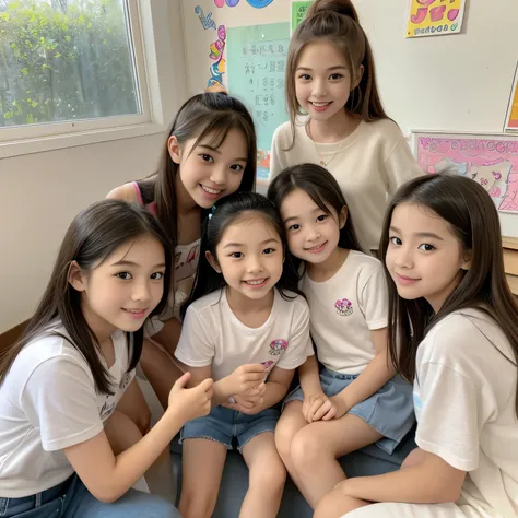 ((cute female figure ))、((Super cute popular idol 、4 super cute,  tiny elementary school girls in 1 photo ))、(masterpiece). perfect , beautiful,  nice, captivating &#39;smile、(( 5 small photos of the full body of 4 people in high definition in hort Hair Id...
