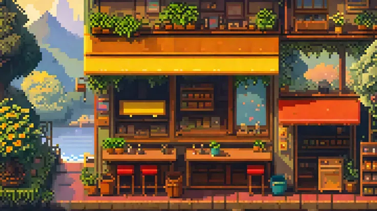 "2D pixel art in retro video game style, 24 bit, A cozy place,The atmosphere is calm, nostalgic with small cozy details, sunny
