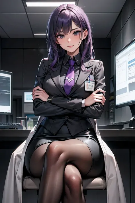 viwer from below,cowboy shot,((cross one's arms)), ((cross one's legs)),((perfect body,perfect face,perfect breasts,perfect finger,perfect legs)),((sleep deprived look)),((I've got bags under my eyes,fearless smile)),27age,(female genius scientist),(((mad ...