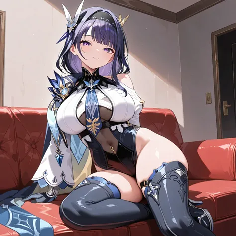 masterpiece, high quality, top quality, very aesthetic, absurd, raiden shogun, wearing eula costume, braid, braided ponytail, long hair, one mole, one mole under eye, purple eyes, purple hair, wears a black headband over her bangs with a four-pointed silv...