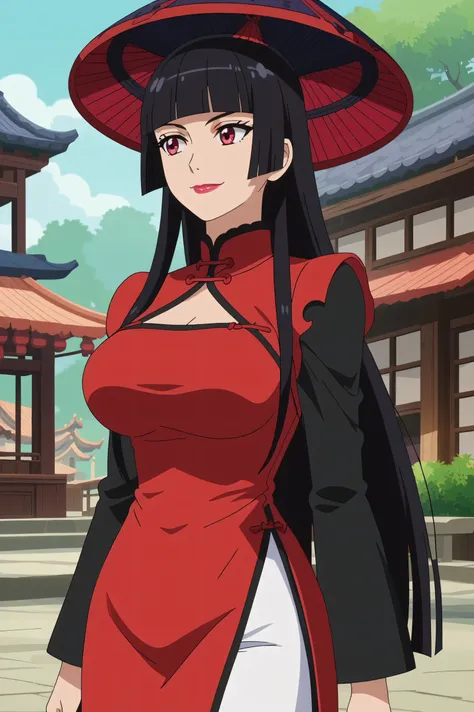 score_7_up, anime screencap,
 RoryMercury,
1girl, closed mouth, light smile,
long hair, black hair, red eyes, hime cut, blunt bangs, lipstick, conical hat,
over shoulder, Big breasts, vietnamese dress, pants, long sleeves, 
solo, cowboy shot, Boutdoors, 

