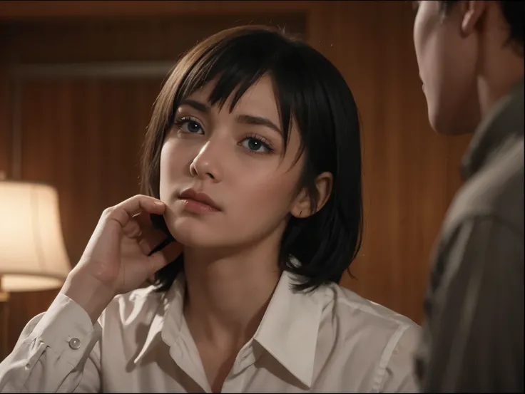 (masterpiece), best quality, expressive eyes, perfect face, himeno, NCIS chainsawman, Aqua eyes, short black hair, Greek Greece woman, nosebleed, (NCIS), wound, investigation background, thighs, depression face begging, slim, sweat, HD, CIA, white bra, hig...