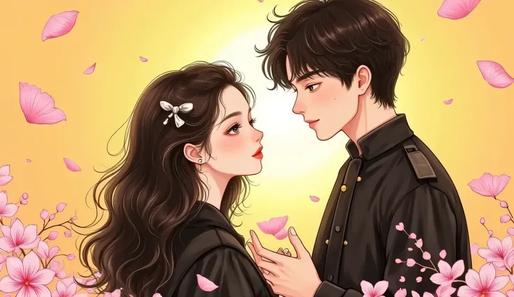 A stunning semi-realistic manhwa style scene. A gorgeous young woman with silky, straight black hair and radiant Douyin-style makeup stands facing a tall, noble young man with messy black hair and piercing eyes. They gaze into each other's souls under a go...