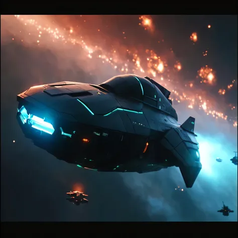 spaceship flying through the sky with a lot of lights on it, an epic space ship scene, cinematic scifi shot, star citizen digital art, dramatic lighting sci fi, star citizen, star citizen halo, flying spaceships in background, sci - fi spaceship in combat,...