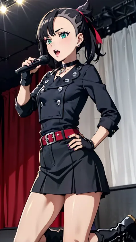 Marnie Pokemon, Marnie \(Pokemon\), blue-green eyes, green eyes, black hair, medium hair, asymmetrical bangs, black choker, red hair ribbon, earrings, black nail polish, (small breasted), (masterpiece, highest quality, highly detailed, 8k:1.2), (anime colo...