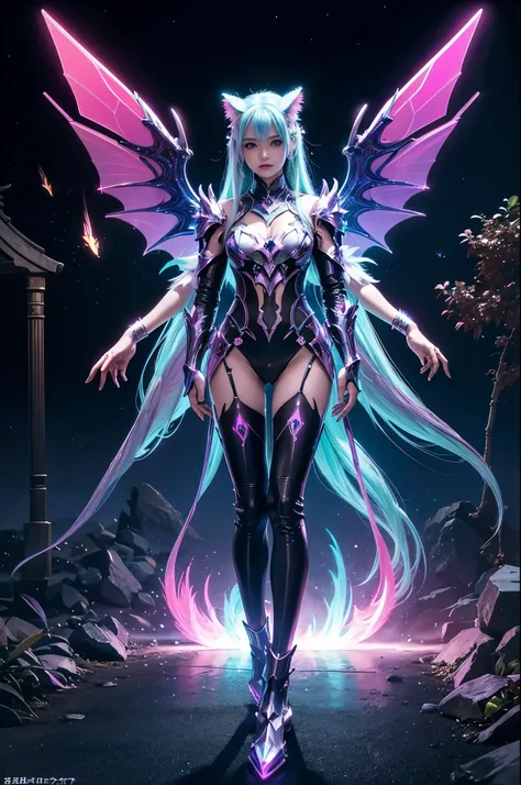 1girl, Armor, Wings, beautiful dragon, futuristic evolved Nekomata, (Neon glowing body), 2 tails, holographic, (The wings are symmetrically paired;1.5), Long shot,