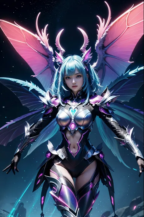 1girl, Armor, Wings, beautiful dragon, futuristic evolved Nekomata, (Neon glowing body), 2 tails, holographic, (The wings are symmetrically paired;1.5), Long shot,