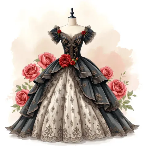 Vintage black and white ball gown with lace, red roses on the skirt, watercolor clip art in a soft beige background.