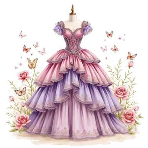 A beautiful princess dress in shades of purple and pink, adorned with butterflies and roses. Hand-drawn illustration on a white background, full-body, pastel color palette, watercolor clipart graphic design elements, high resolution, no text, colorful, pin...