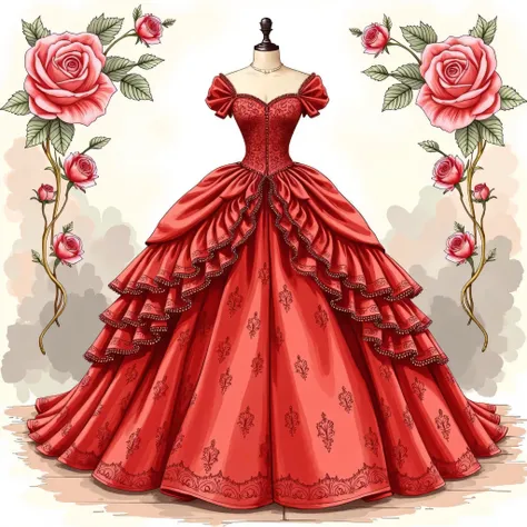 A red ball gown adorned with roses, a full-body illustration in a pastel-colored pencil style, with detailed and romantic scenery, and no background.