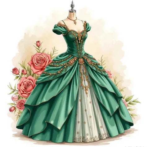 A green ball gown with roses, in the style of watercolor, detailed drawing, vintage illustration, white background, detailed design, fashion sketch, digital art