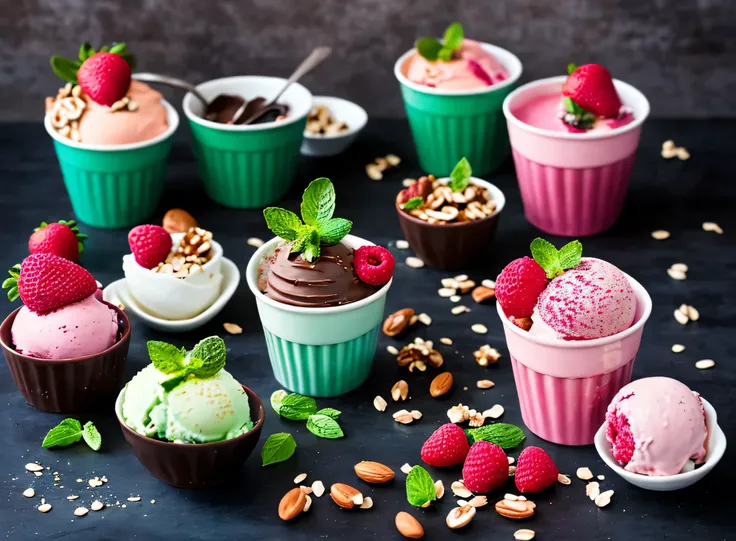 A horizontal, eye-level shot showcases five individual servings of colorful ice cream, each presented in a small, round paper cup and accompanied by a light-colored wooden spoon inserted into the scoop. The cups are arranged in a row across a dark, texture...