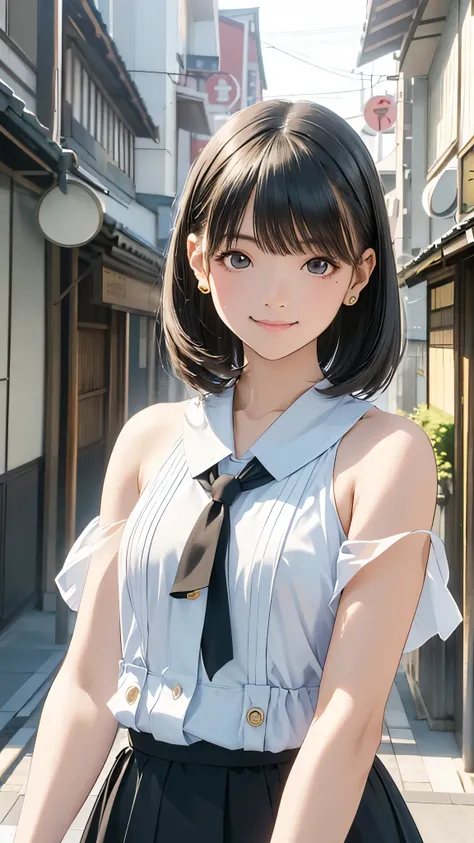  young woman、smile、black hair、Cool Hairstyles、blanking、masterpiece、high resolution、16k、 fresh colored spring clothes depicting the upper body、(Very close:1.troll through the city of Kyoto、(depicts upper body:1.5)