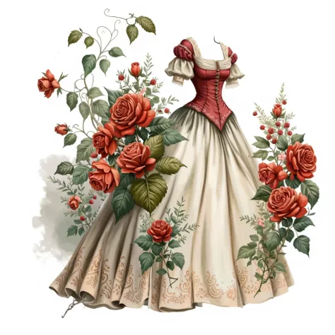 A red ball gown adorned with roses, a full-body illustration in a pastel-colored pencil style, with detailed and romantic scenery, and no background.