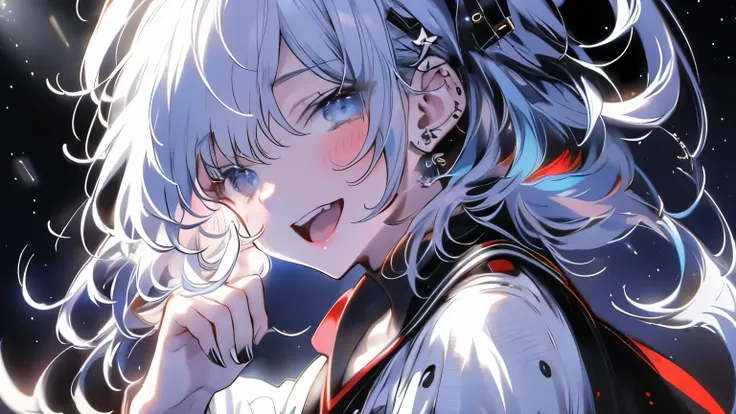 super realistic, 4k HD image , Highest Quality, SUPER SHARP, brilliant concert in the night, notes blend with starry sky, stage lighting everywhere, camera pointing from the audience to the stage, audience cheering the singers, super attractive and sexy an...