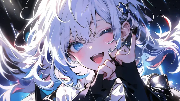 super realistic, 4k HD image , Highest Quality, SUPER SHARP, brilliant concert in the night, notes blend with starry sky, stage lighting everywhere, camera pointing from the audience to the stage, audience cheering the singers, super attractive and sexy an...