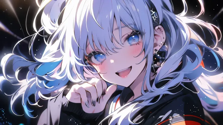 super realistic, 4k HD image , Highest Quality, SUPER SHARP, brilliant concert in the night, notes blend with starry sky, stage lighting everywhere, camera pointing from the audience to the stage, audience cheering the singers, super attractive and sexy an...