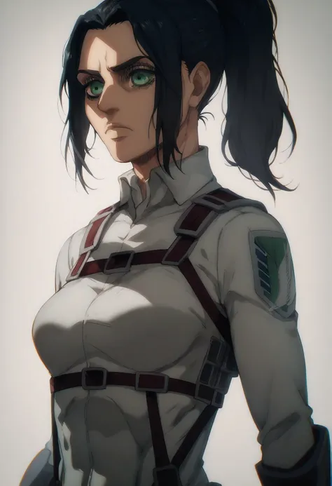 A girl character from attack on titans, long black hair, wavy ponytail, green eyes, gorgeous face. Soldier clothes, kind