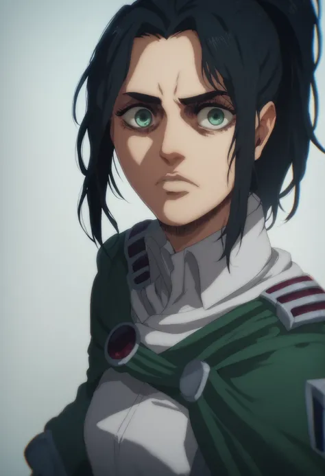 A girl character from attack on titans, long black hair, wavy ponytail, green eyes, gorgeous face. Soldier clothes, kind