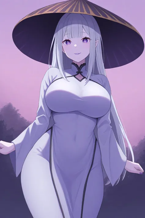 (Score_9, score_7:0.6), (masterpiece, best quality, good quality, newest:0.6),Re:Zero, Satella, conical hat, Anime, 1girl, pointy ears, silver hair, smiles, purple lips, purple eyes, Big breasts, vietnamese dress Ao dai, pants, long sleeves, solo, cowboy s...