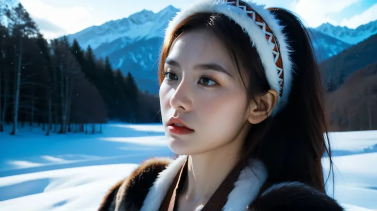 white northern tribal Chinese girl,Long White Hair,in tribal outfit,Living in the snow,is holding Krabi in the snow,cinematic,dramatic lighting,intricate details,epic fantasy scene,splendor, gentleness ,uniqueness,weirdness,Clarity,8K,high quality,hyper re...
