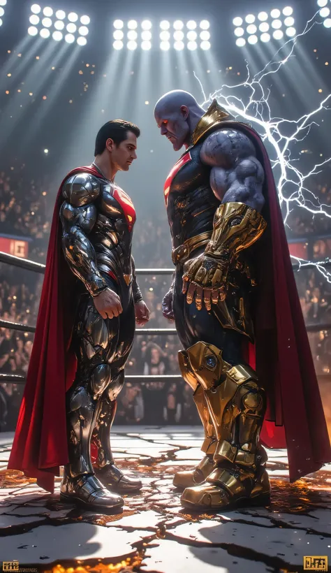 Ultra-realistic 4K cinematic showdown: Superman, wearing gleaming silver Kryptonian battle armor, stands face-to-face with Thanos in the center of a massive, cracked UFC-style arena. Bright arena lights blaze down on them, casting sharp dynamic shadows. Su...