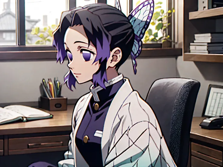 high definition, bright, 1 person, Kocho Shinobu, I'm wearing an AirPods Pro, sitting in front of my desk, fish tank on my desk, The room feels cozy and warm,  sunny atmosphere 