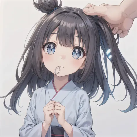 A Japanese anime-style chibi girl, 3-head-tall, super round body and head, deformed proportion, big sparkling eyes, small nose and mouth, cute and soft illustration, simplified color palette, masterpiece, her mouth is empty, nothing in her mouth, no object...