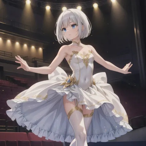 Depict a 20-year-old, exquisitely beautiful ballerina performing on a grand theater stage. She wears a delicate and intricately designed tutu, its soft fabric flowing with every movement. Her posture is impeccable, one leg extended in a perfect arabesque, ...