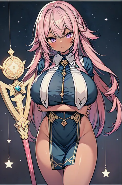 ((Highest Quality)), ((masterpiece)),  (huge sagging breasts:1.38),thick legs,Patterned clothing.Magical Girl.,pink hair.(dark skin:1.25). magic wand on the hill. cowboy shot. Square,
