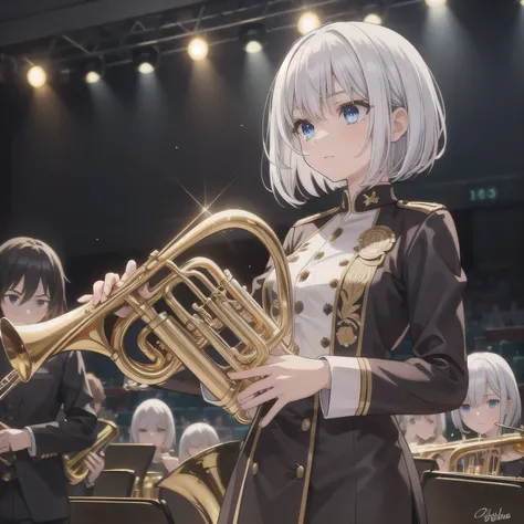 Depict a 20-year-old, dazzlingly beautiful woman playing a brass instrument in a grand concert hall. She wears an elegant yet practical band uniform, designed with intricate gold embroidery. Her posture is poised, fingers positioned with precision, her eye...