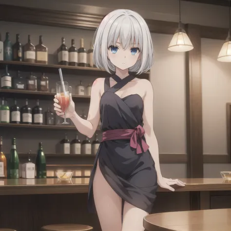 A 2D anime-style illustration. The scene is set inside a dimly lit, cozy Japanese "snack" bar. The lighting is soft and warm, with gentle shadows creating a relaxed, moody atmosphere. Bottles of liquor line the shelves behind the bar, and small round table...