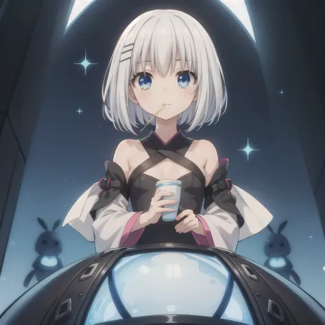 A Japanese anime-style chibi girl, 3-head-tall, super round body and head, deformed proportion, big sparkling eyes, small nose and mouth, cute and soft illustration, simplified color palette, masterpiece, her mouth is empty, nothing in her mouth, no object...
