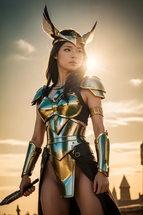 ((Highest Quality、8k、masterpiece:1.3))、realistic, sharp concentration in nude clothes, high resolution, high resolution, portrait, 1 person, female, beautiful female, Action Pose、Valkyrie、ancient Egypt、 cyber、green armor 、Complex technology, pyramid、anc...