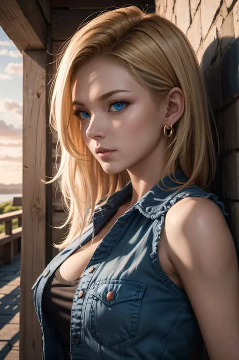 No.18,Dragon Ball Z,Dragon Ball Super,One-length hair,beautiful white blond hair,Shortcut, beautiful blue eyes ,PINK LIPS,white skin,cool expression,black sleeveless,blue jeans per boy,Ultra HD,super quality,masterpiece,DSLR,Photorealistic, Detailed Detail...