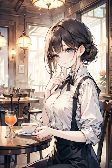 cafe、girl、Waiter、cafeの内部、 table setting、Offer a drink、4K、realistic、high resolution、studio lighting、delicate details、Warm Colors