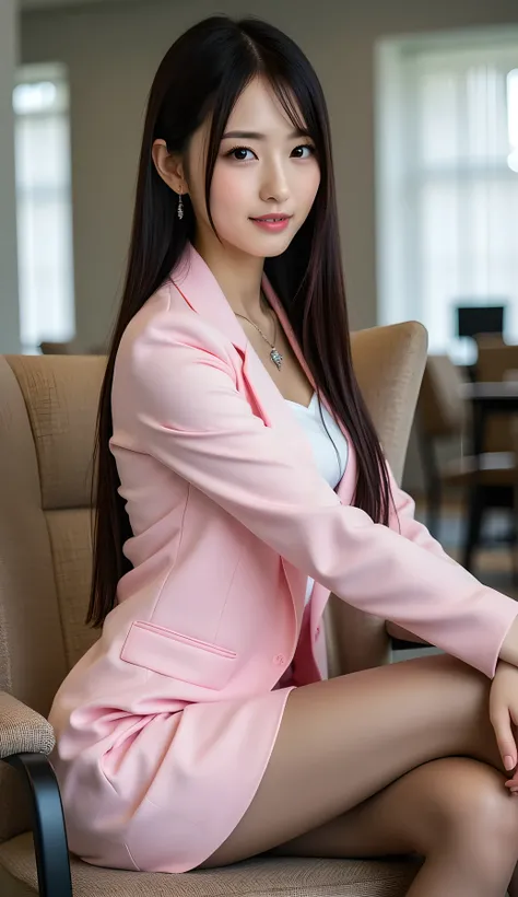 Highest Quality, (((full body shot))), (((full body image))), (((From the top of her head to the tips of her feet ))), Sleek long black hair , Professional Office Lady with Long Dark Hair, is sitting in a chair with her legs crossed, The height of the cha...