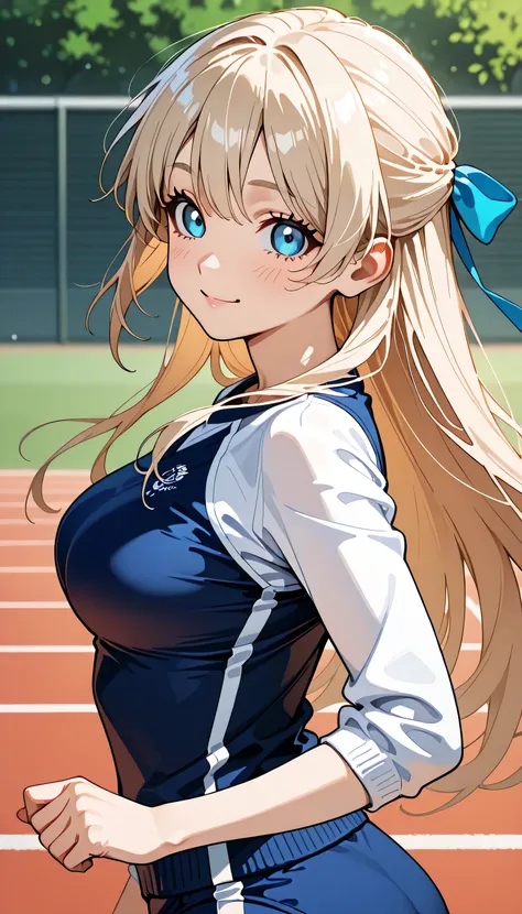 (score_9, score_8_up, score_7_up), source_Anime, absurd_res, white, blue, black, 1girls, solo, multiple girls, upper body, super fine illustration, an extremely delicate and beautiful, best quality, masterpiece, 8K, spring setting, on the school Athletic F...