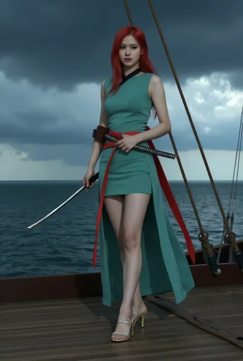 check_9, fantasy, Rose; 1 girl, warrior, Japanese-style suit; traditional jade-colored short sleeveless kimono dress, traditional shoes, red scarf, hairstyle model, makeup; in the hands of a katana ; on the ship, sea in the background, bad weather 