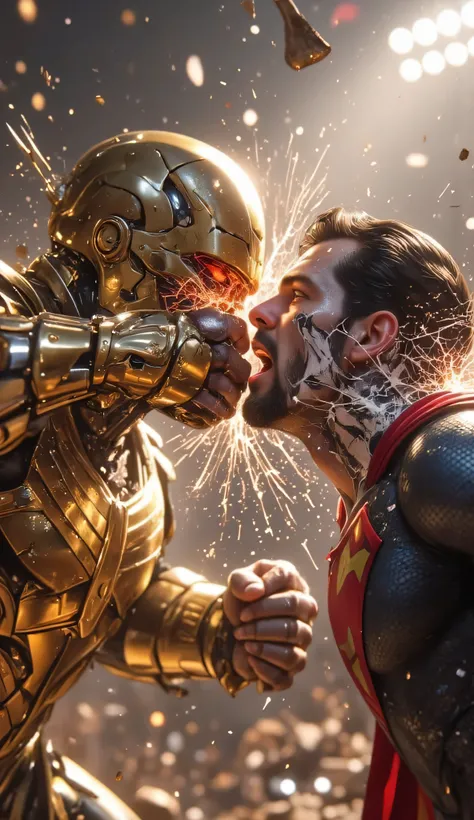 An insanely detailed, ultra-realistic 8K cinematic image capturing the raw, devastating moment Thanos smashes his armored fist directly into Superman's face.

Thanos, colossal and unstoppable in his gleaming golden armor, lunges forward with terrifying pow...